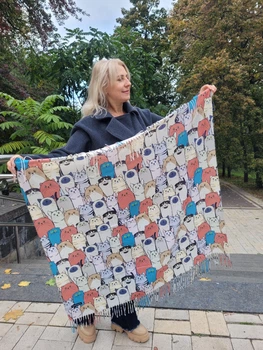 Жіноча двостороння кашумірова тепла хустка Котики Бежева Помаранчева Різнокольорова кашемір 100х100 см 01157