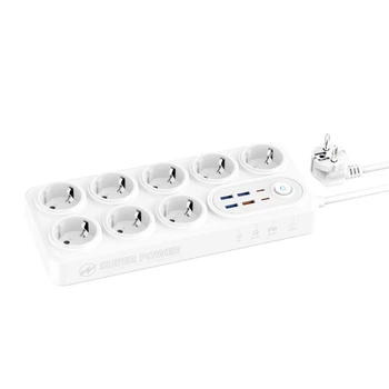 Удлинитель с защитой от перенапряжения Moxom MX-ST22 14 IN 1 Power Strip с 2 PD/QC 2500 Вт, 8 розетками и 3 USB для нескольких устройств, 2 М. Белый