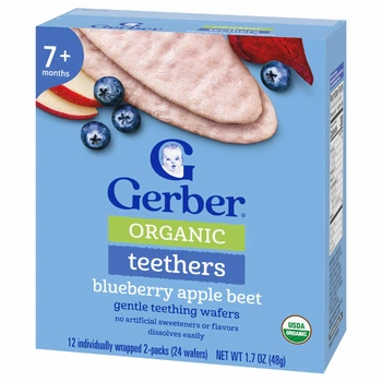 Gerber, Organic Teethers, вафли для мягкого прорезывания зубов, для малышей от 7 месяцев, черника, яблоко