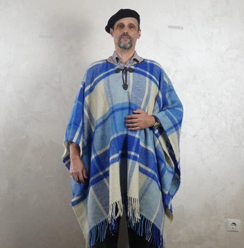 Пончо Aelita-Uomo из новозеландского мериноса Клетка синяя. One size.