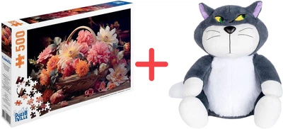 Набір Пазл Puzzle Ville Квітковий кошик 500 елементів + Подарункова іграшка Inka Toys Кіт Люцик 21х18х30 см (4820266222185/4820266222574)
