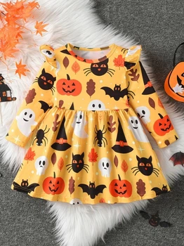 Дитяче плаття на Halloween, яскраве жовте з принтом — гарбуза, кота, кажана, привида 2 роки