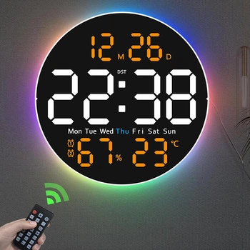 Часы Deepfox DS-6672 LED цифровые электронные настенные Будильник Дата Температура Влажность (диаметр 25,4см) оранжевый