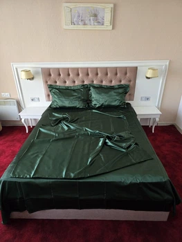 Атласный набор белья Полуторный 145х210 наволочка 2х70х70 с кантом Зеленый (Р7-fabric-at-028-1)