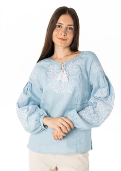Жіноча вишита блуза із лляного полотна Бела Folk Moda L Світло-блакитний (bela-270711148)