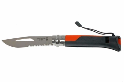 Нож складной 85 мм со свистком Opinel Outdoor Orange №8 Viroblock полусеррейтор Sandvik 12C27 нержавеющая сталь оранжевый с черным
