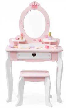 Деревяний туалетний столик Viga з дзеркалом стільцем та аксесуарами Біло-Рожевий (6971608447822)