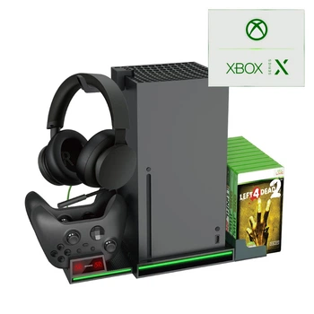 Мультифункциональная вертикальная подставка DOBE для игровой консоли Xbox Series X, зарядная станция с аккумуляторными батареями 800 mAh для геймпада Microsoft Wireless Controller с LED подсветкой статуса зарядки, 10 слотов для дисков