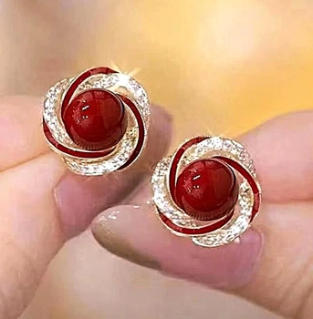 Серьги бижутерия стильные деликатные Jeweston Темно-красные с золотистым
