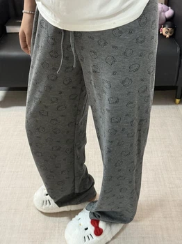 Женские трикотажные штаны Hello Kitty, свободный крой, на рост 170–180 см, XL, серые (10777)
