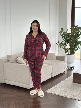 Домашняя пижама Queen size с новогодним принтом Одежда для дома (рубашка + штаны) Цвет красный размер 2XL