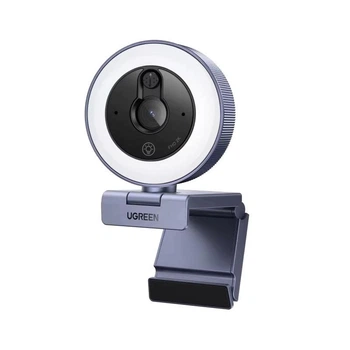Веб-камера UGREEN CM910 2K/30 кадров в секунду для ПК, ноутбука, с шумоподавлением, кольцевая подсветка, для потоковой трансляции, видеозвонков шторка Grey (65857)