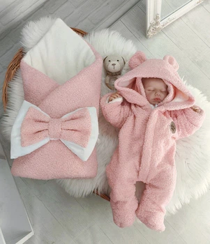 Комплект на выписку для новорожденного Зимний Teddy комбинезон с шапочкой + конверт Розовый (SHd44)
