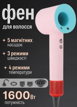Професійний фен-стайлер для волосся з іонізацією Magic Hair Supersonic Premium фен з насадками 5 штук набір для укладання волосся 1600Вт Рожевий з блакитним