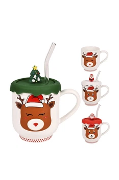 Чашка новорічна з кришкою та трубочкою "Deer" колір різнокольоровий No Brand ЦБ-00286408