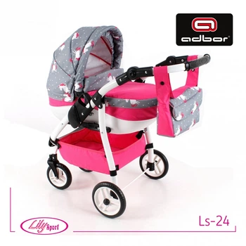 Игрушечная кукольная коляска Adbor Lily Sport 24 детская игрушечная коляска для куклы, детская коляска Adbor Lily с сумкой и корзиной, игрушечная коляска с люлькой и поворотными колесами