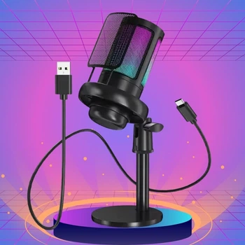 Микрофон студийный ME6S Конденсаторный микрофон для ПК с подавлением шума и RGB подсветкой сенсорный от USB
