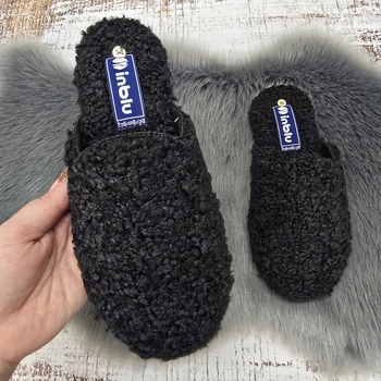 Тапочки женские паркетные Inblu черные из искусственного меха каракуль с закрытым носком 37р (24,5 см) 8226