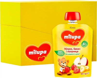 Упаковка фруктового пюре Milupa Яблуко, банан і полуниця з 6 місяців 80 г х 6 шт. (6438091403594)