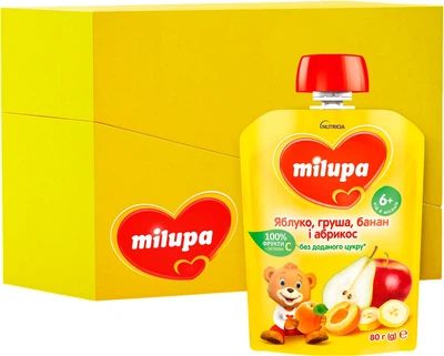 Упаковка фруктового пюре Milupa Яблуко, груша, банан і абрикос з 6 місяців 80 г х 6 шт. (6438091403617)
