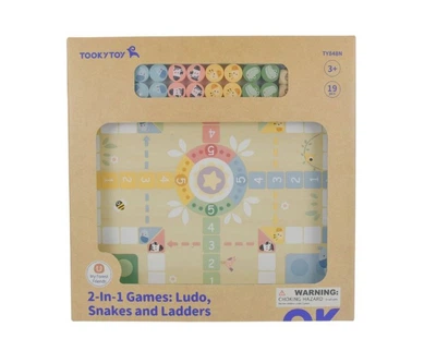 Настільна гра 2в1 (Ludo/Лудо, Snake and Ladders/Змії та сходи), фішки та кубики, дерев’яна основа, безпечна для дітей (TY848N)