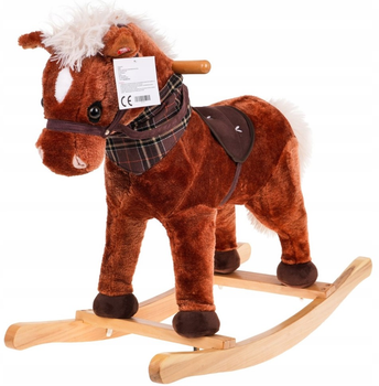 Konik na biegunach dla dzieci 24 m + Dźwięki Drewniana rączka Wygodne siedzisko Drewniane płozy Brązowy (ZDN.TM151) (5903864956245)