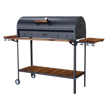 Стаціонарний мангал Vesuvi BBQ зі сталі на колесах з жаровнею 1000 мм на 17 шампурів з полицями Чорний (021-15-wood-1000)