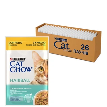 Влажный корм для выведения шерсти у кошек Purina Cat Chow Hairball с курицей и зеленой фасолью (26х85г)