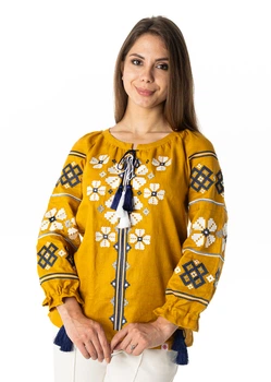 Вишиванка жіноча з лляного полотна із біло-блакитною вишивкою Folk Moda XL Гірчичний (7416-214311156)