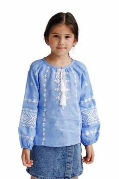 Дитяча лляна вишиванка для дівчинки Folk Moda 104 Блакитний (d0302-209111157)