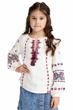 Дитяча лляна вишиванка для дівчинки Folk Moda 158 Молочний (d0202-209011186)
