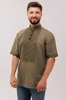Вишиванка чоловіча із лляного полотна Добромисл Folk Moda XL Хакі (dobromisl-269711152)