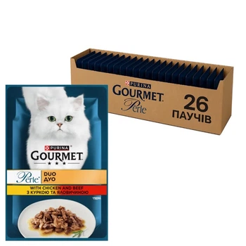 Вологий корм для дорослих кішок Purina Gourmet Perle Duo з куркою та яловичиною 26х85 г