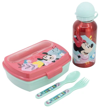 Набор посуды детский 4 предмета Stor Minnie Mouse 22,7x20,5x7,2 см бутылка 400 мл, ланч-бокс с ложкой и вилкой пластиковые без BPA