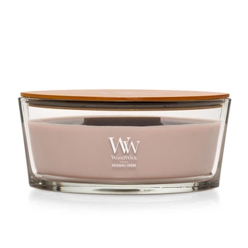 Ароматична свічка з какао та копченим кашеміром Woodwick Ellipse Patchouli Crème 453 г
