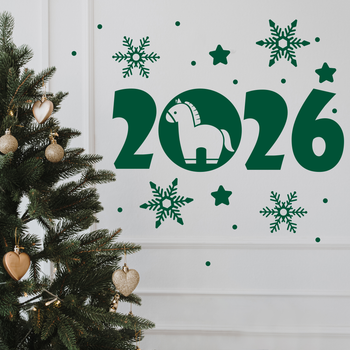 Новогодние виниловые наклейки Конёк Надпись 2026 снежинки звёзды Happy Pocket Набор M зелёный матовый (HP-151M-613M)