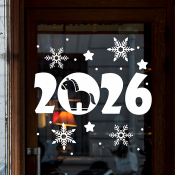 Новогодняя наклейка на окно Лошадка Надпись 2026 снежинки Happy Pocket Набор M белый глянец HP-151M-010GL