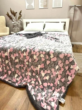 Двусторонний плед из велюра и искусственной овчины 150×210 см Сердца серые