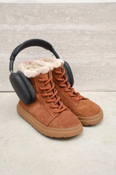 Женские зимние ботинки PARADIZE SHOES рыжие замшевые на шнурках с бежевой меховой опушкой 37 размер (стелька 24,1 см)