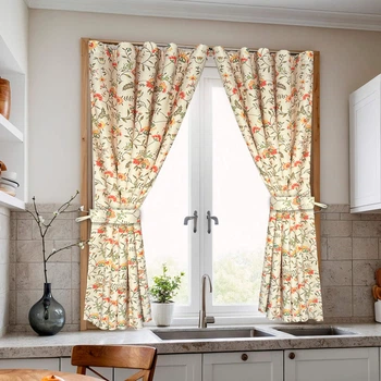 Короткі стильні квіткові штори Льон для кухні Adagio Windows Decor у розмірах 1,4 х1,7м -2шт, щільні бежеві фіранки з підхватами
