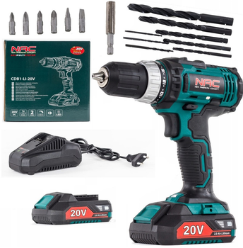Дриль-шуруповерт Nac акумуляторний, акумулятор 2,0 А·год, зарядний пристрій + набір аксесуарів CDB1-LI-20V (5902490740204)