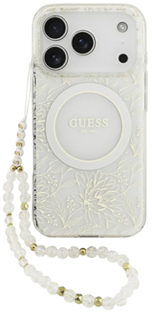 Etui Guess IML Flowers Electro Pearl Strap MagSafe do iPhone 17 Pro Biały