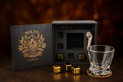 Подарунковий набір для віскі Moltis Premium Set Quadro - келих, щипці, мішечок, підставка та 5 охолоджуючих кубиків (MR-1023)