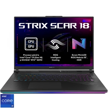 Ігровий ноутбук ASUS ROG Strix SCAR 18 G834JYR Intel® Core™ i9 14900HX до 5, 8 ГГц, 18, QHD+, Mini LED 240 Гц, 64 ГБ DDR5, 2 x 1 ТБ SSD, NVIDIA® GeForce RTX™ 4090 16 ГБ GDDR6 TGP 175 Вт, Windows 11 Pro, Off Black