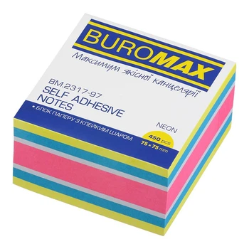 Блок бумаги для заметок с клейким слоем Buromax Neon 75x75мм 450 листов ассорти (BM.2317-97)