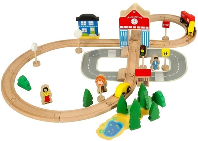 Kolejka drewniana Ikonka pociąg lokomotywa dworzec 50 elementów KX3496 (5903039754188)