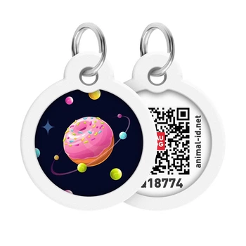 Адресник жетон на ошейник для собак и котов WAUDOG Smart ID с QR-кодом и онлайн-паспортом, металлический круглый d 30 мм (L), дизайн «Вселенная пончиков» — арт. 230-0218