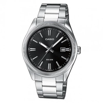 Мужские классические часы Casio MTP-1302D-1A1 серебристые с чёрным циферблатом