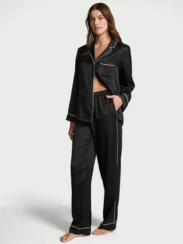 Піжама Сатинова (сорочка + штани) Victoria's Secret Satin Long Pajama Set L Regular Чорний (27112015)