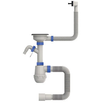 Сифон для кухни Mixxus SK-05-BL 3 1/2"x40 с пластиковой сеткой, отводом для стиральной машины, гибким прямоуг. переливом (MI8192)